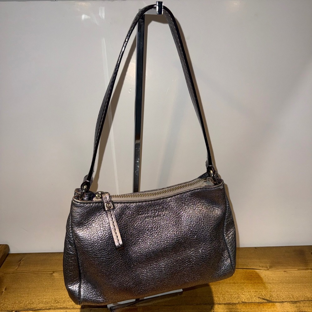 Kate Spade Metallic Pewter Pebbled Leather‎ Shoulder Bag Purple Lining Y2K